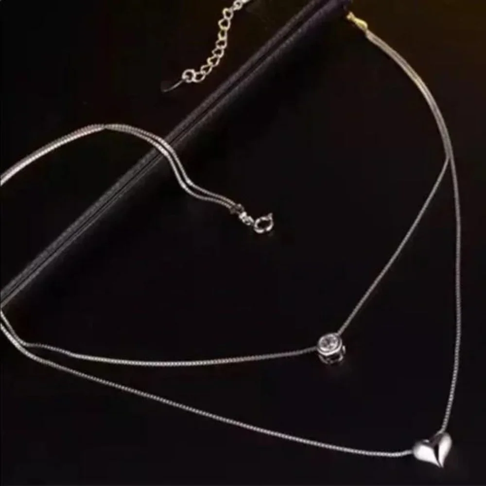 DOUBLE LAYER 925 STERLING SILVER DIAMOND NECKLACE, NICE NECKLACE, CUTE NECKLACE - Picture 5 of 7